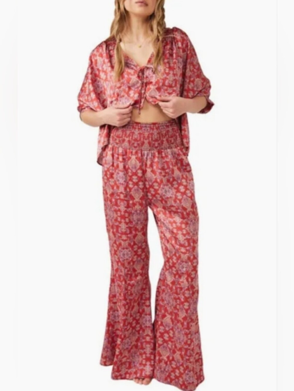Free People Misty Mornings Satin Pajamas in Red Combo Set